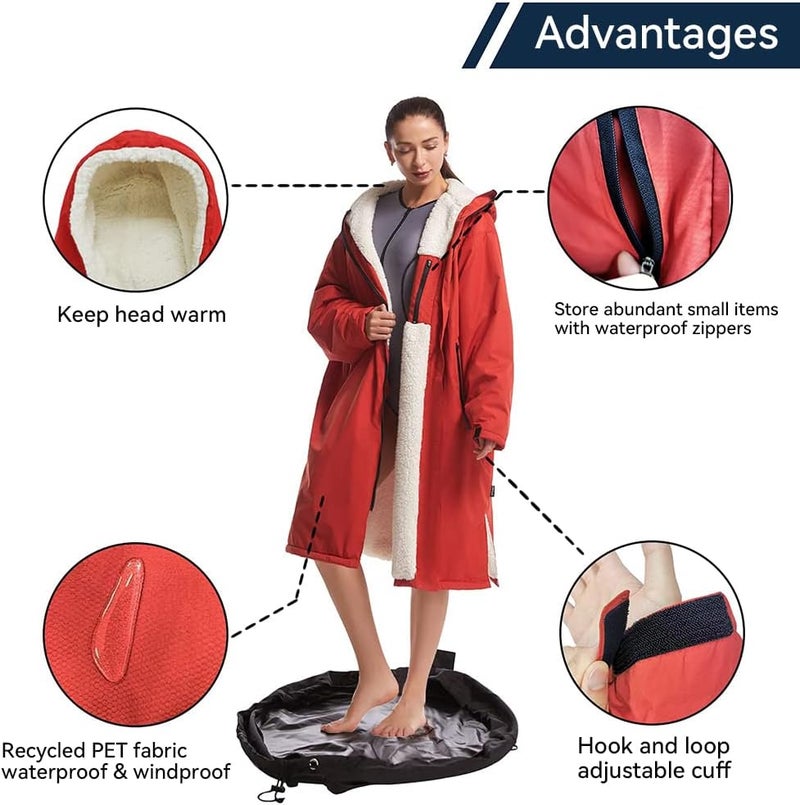 Oksun Waterproof Swim Parka, Windproof Surf Poncho Warm Coat, Recycled Fabric Water Resistent Oversized Sherpa Lining Jacket - Image 3
